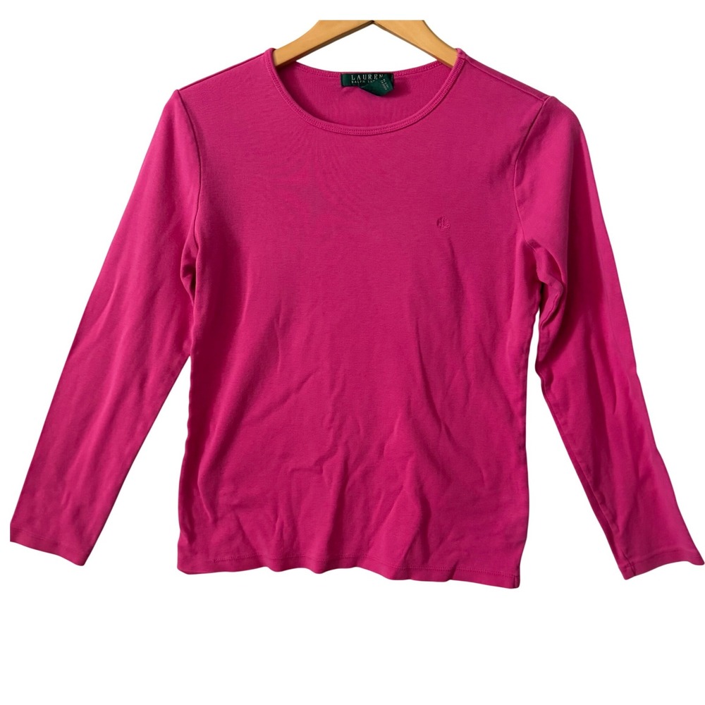 Lauren Ralph Lauren Sz Md Magenta Pink Cotton Long Sleeve Top Logo Preppy